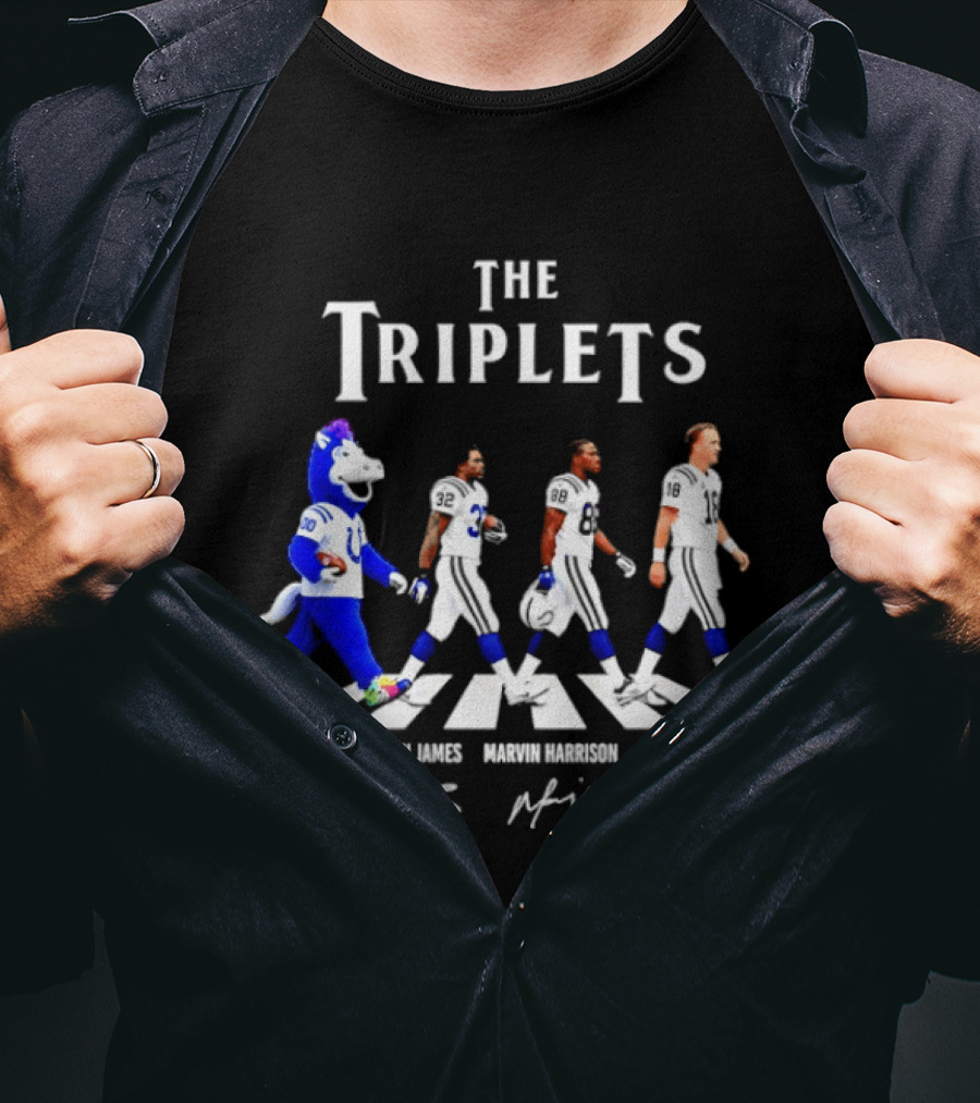 The Triplets Blue Edgerrin James Marvin Harrison Peyton Manning Indianapolis Colts Abbey Road Signatures T-Shirt