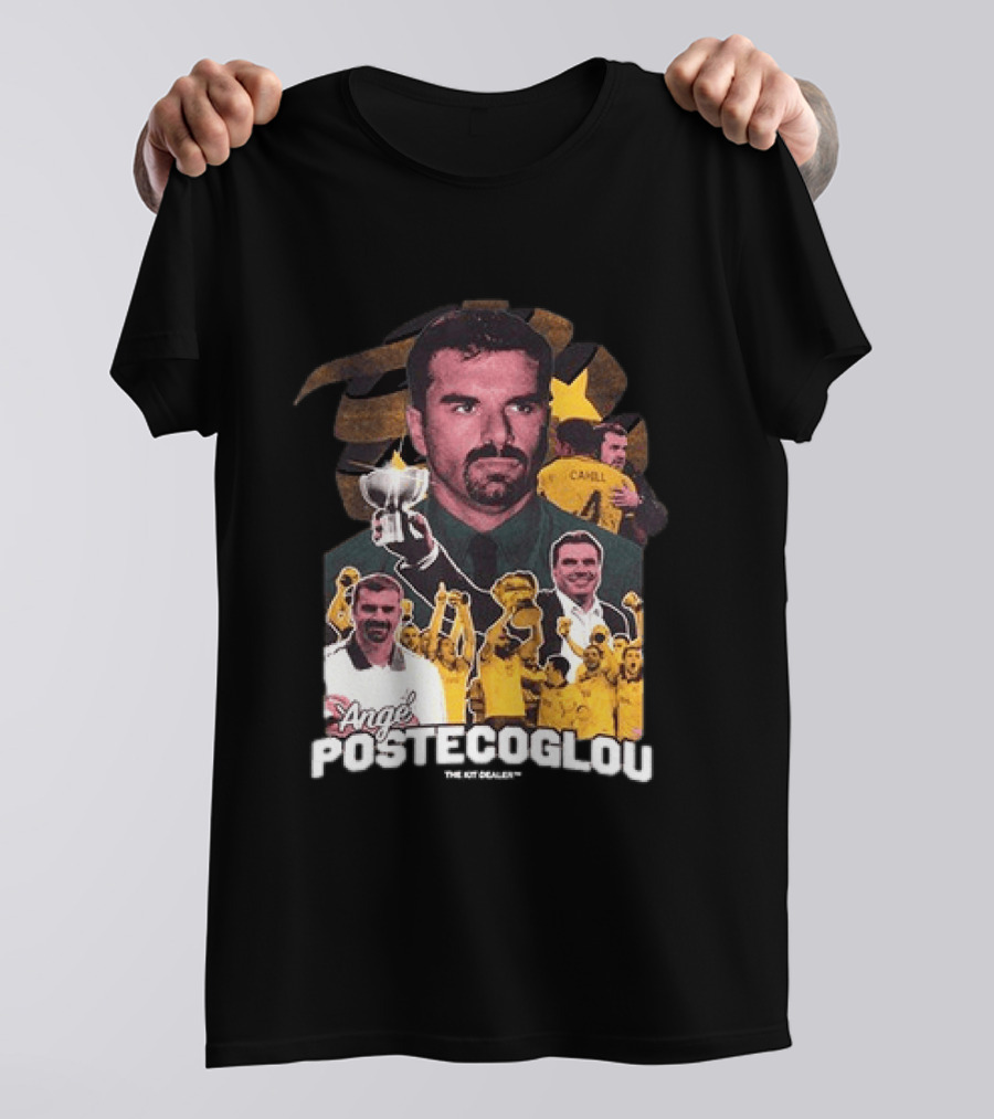 Ange Postecoglou Celebratory Moments With Trophy And Team T-Shirt