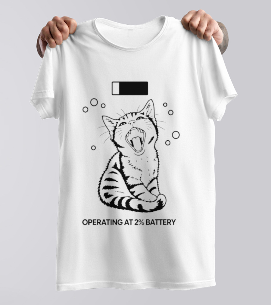 Tired Kitten Yawning Operating At 2% Battery T-Shirt
