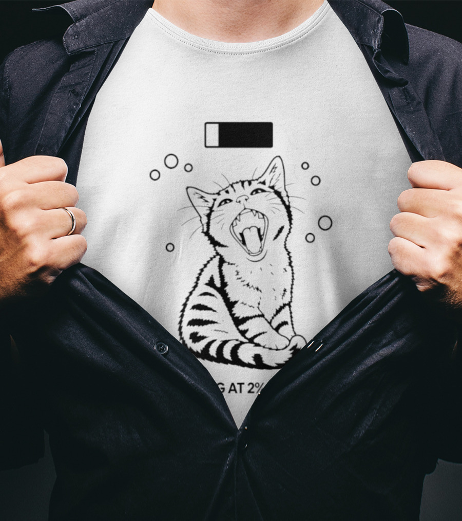 Tired Kitten Yawning Operating At 2% Battery T-Shirt