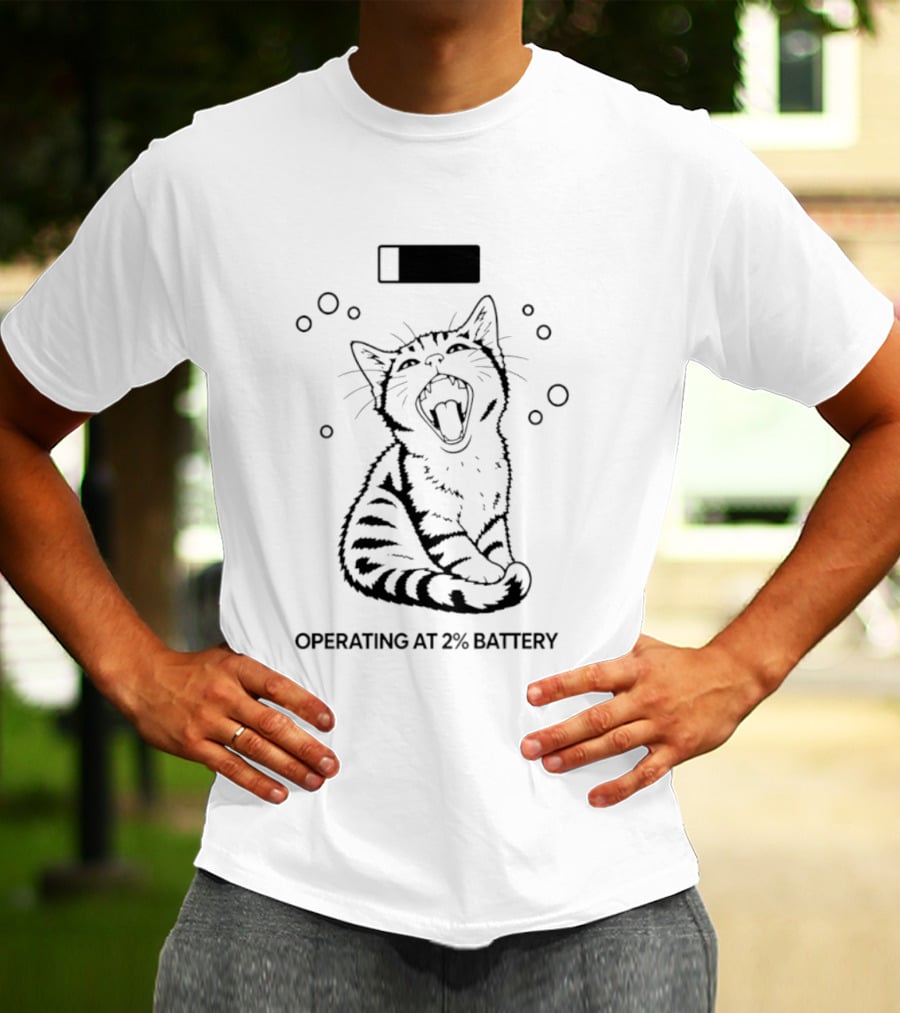 Tired Kitten Yawning Operating At 2% Battery T-Shirt