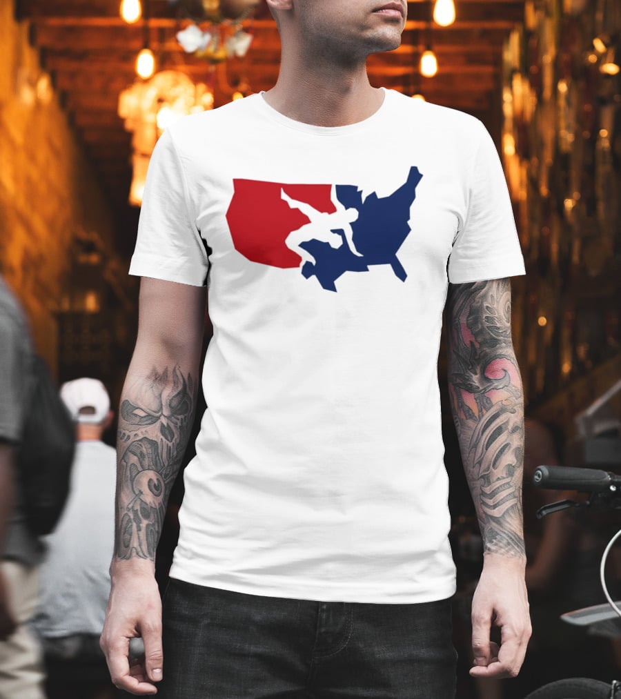 USA Wrestling Map Silhouette Red Blue T-Shirt
