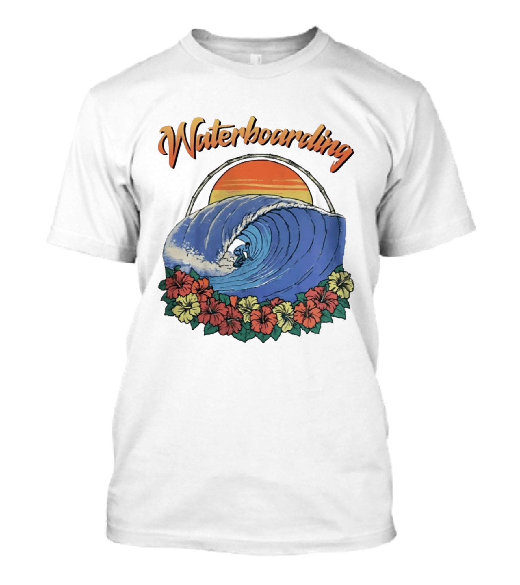 Waterboarding Surfing Tropical Hibiscus Flower Sunset Wave T-Shirt