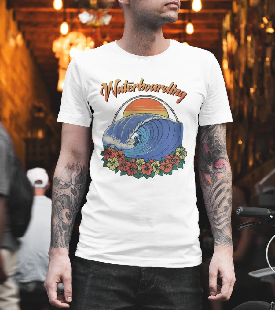 Waterboarding Surfing Tropical Hibiscus Flower Sunset Wave T-Shirt