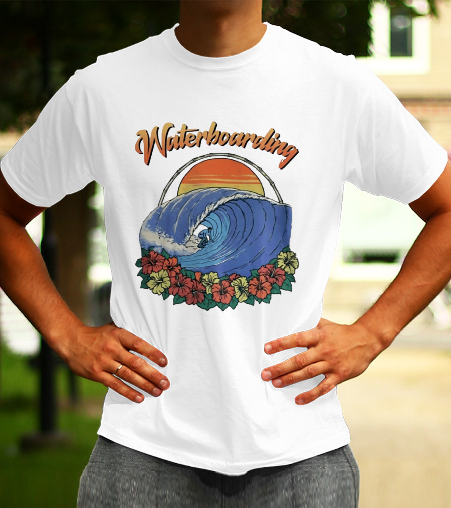 Waterboarding Surfing Tropical Hibiscus Flower Sunset Wave T-Shirt