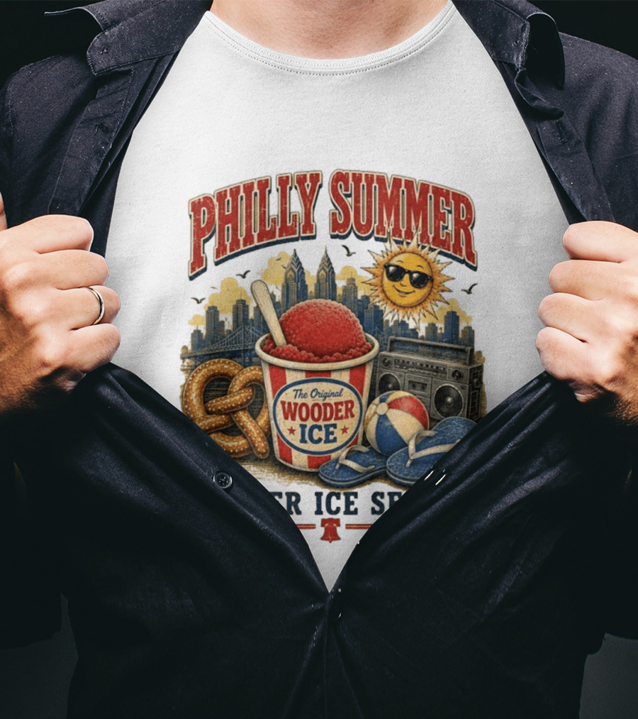 Philly Summer Wooder Ice Season With Pretzel Boombox And Sunglasses Sun T-Shirt