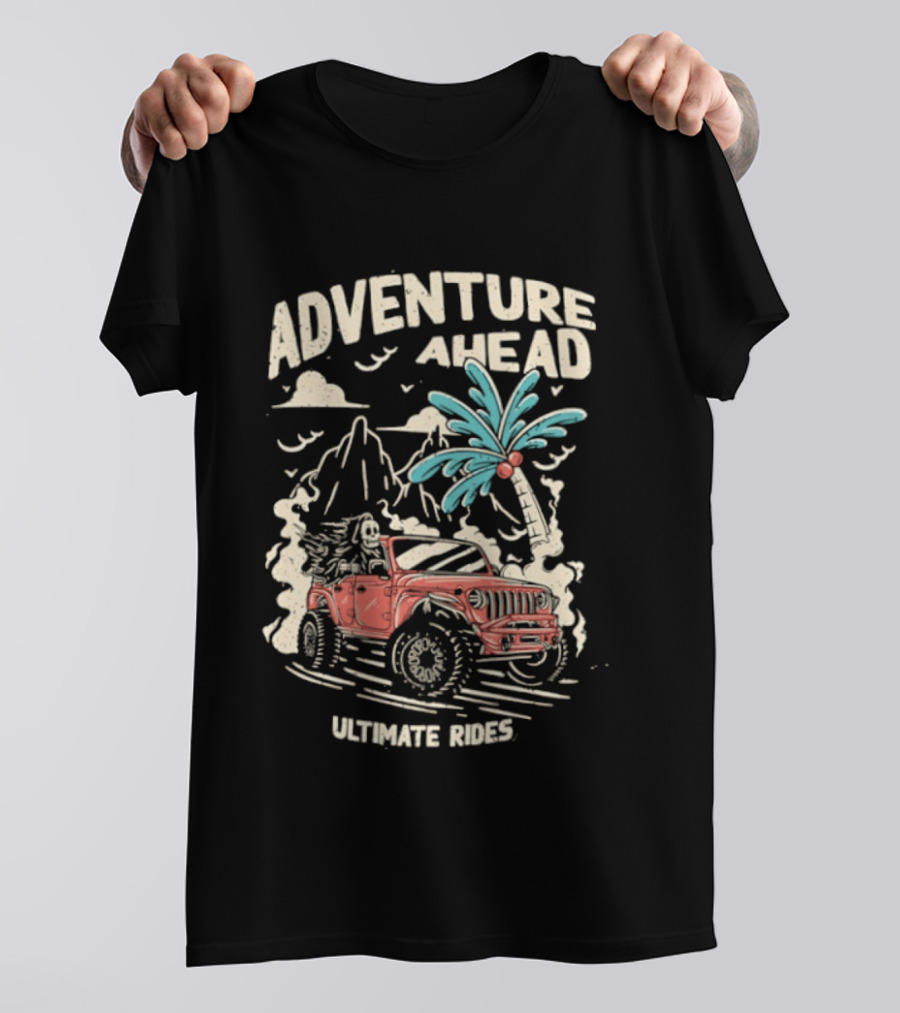 Adventure Ahead Ultimate Rides Jeep Beach Palm Trees Mountain T-Shirt
