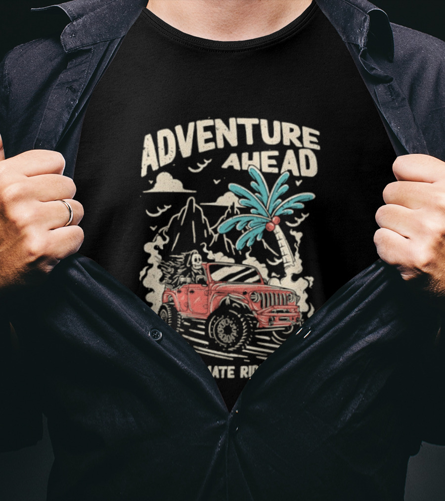 Adventure Ahead Ultimate Rides Jeep Beach Palm Trees Mountain T-Shirt