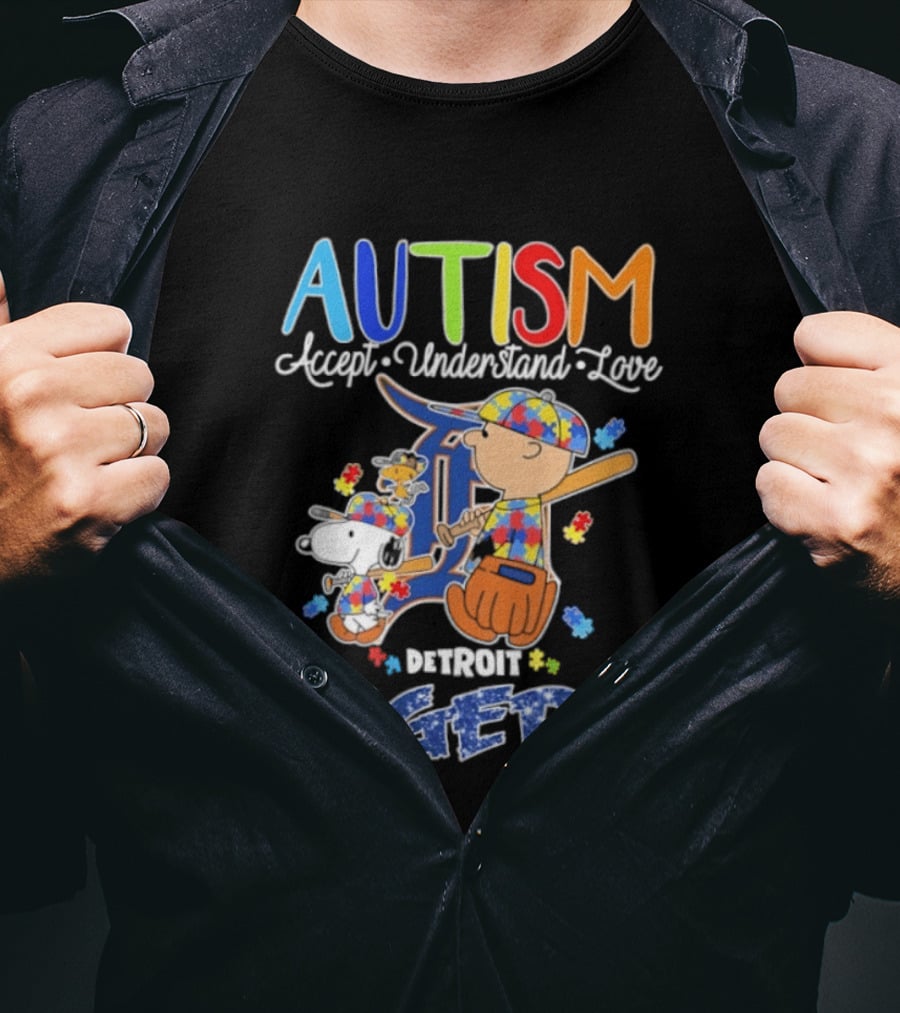 Autism Accept Understand Love Snoopy Charlie Brown Detroit Tigers T-Shirt