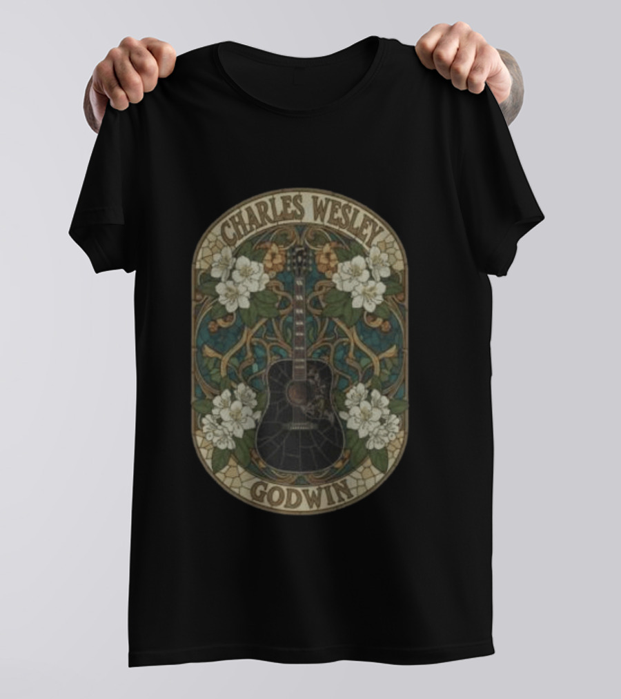 Charles Wesley Godwin Guitar Floral Art Nouveau Style With White Flowers T-Shirt