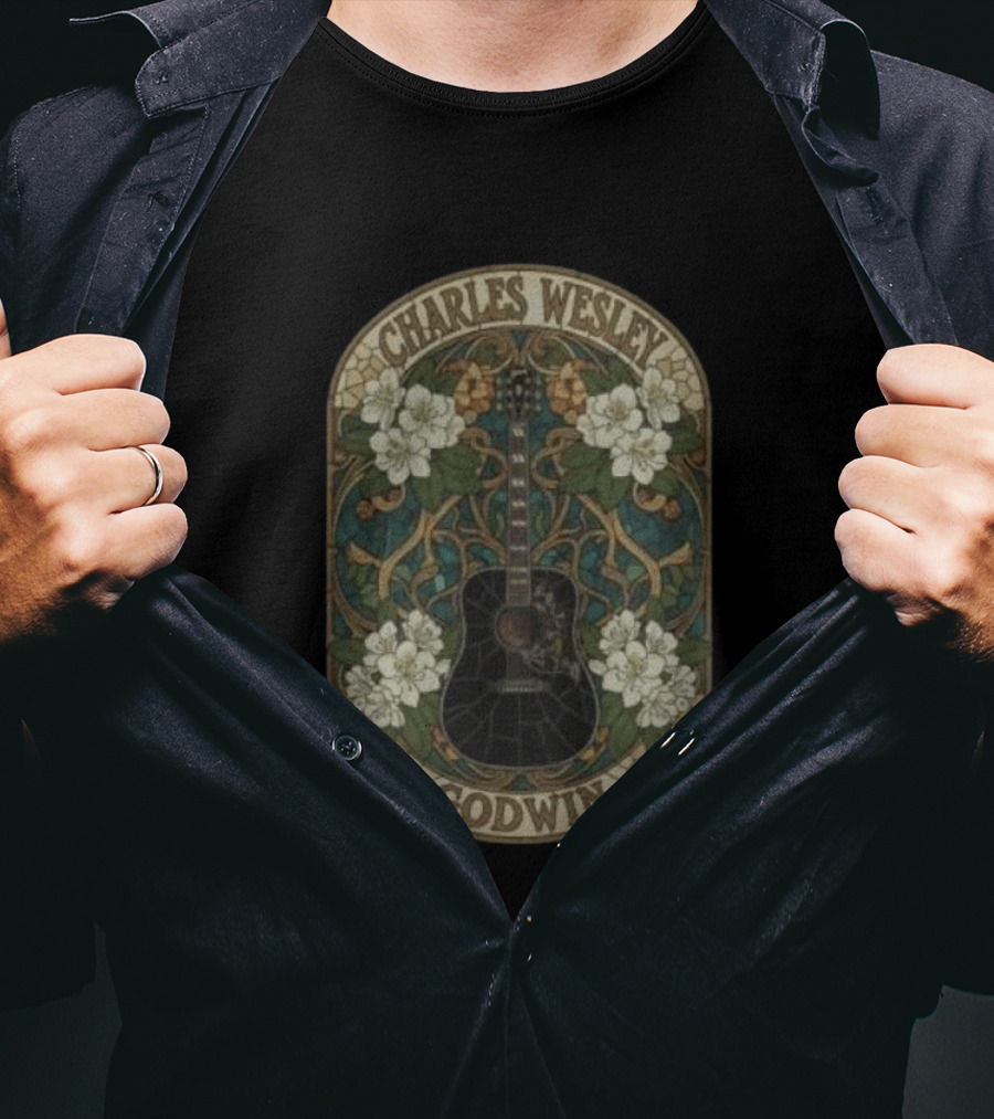 Charles Wesley Godwin Guitar Floral Art Nouveau Style With White Flowers T-Shirt