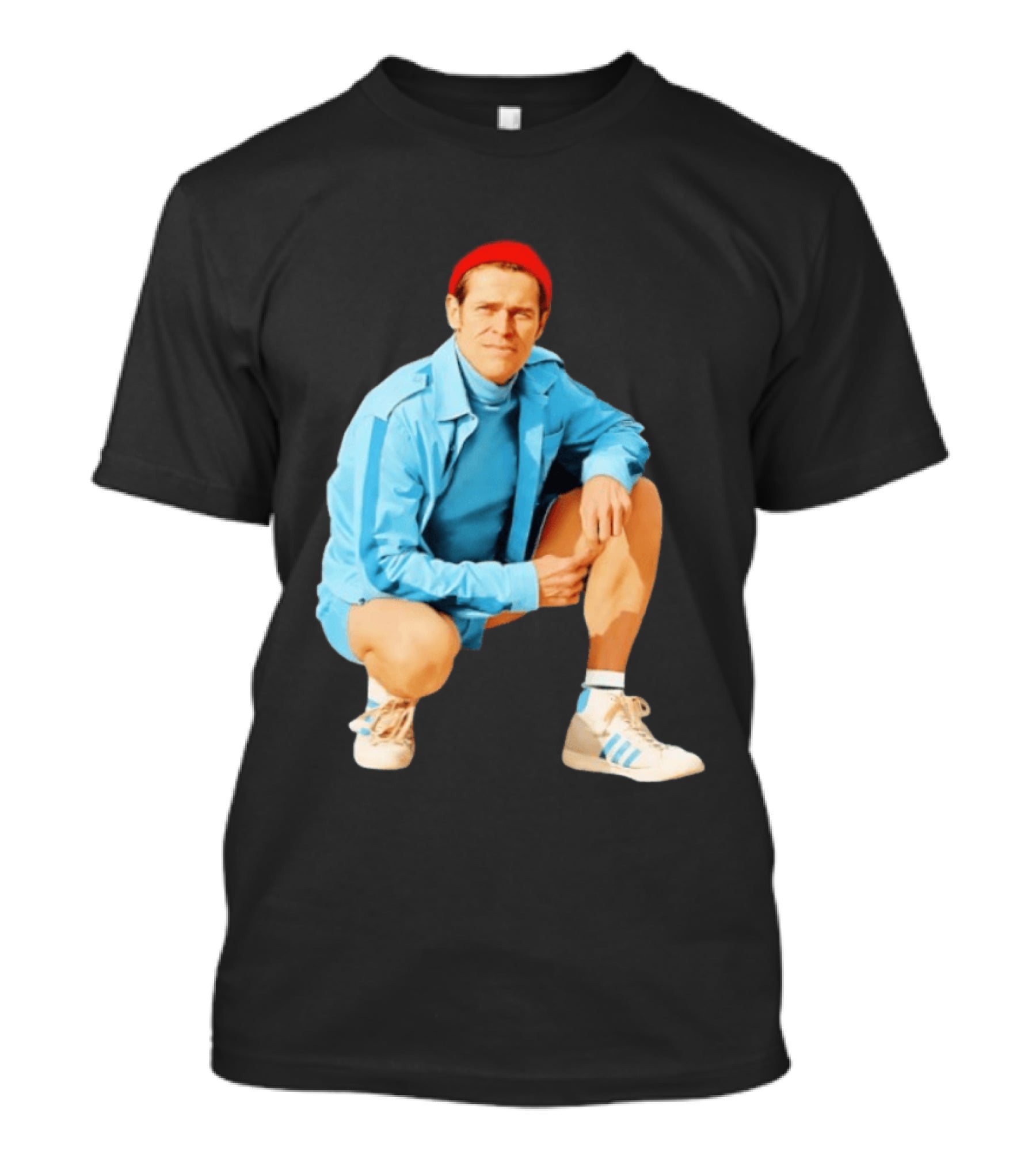 Klaus Willem Dafoe Retro Style With Red Beanie And Blue Tracksuit T-Shirt