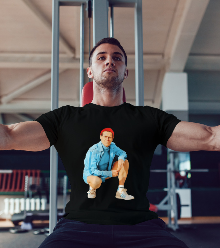 Klaus Willem Dafoe Retro Style With Red Beanie And Blue Tracksuit T-Shirt