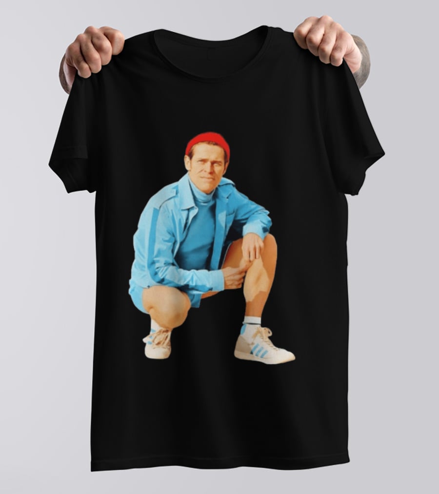Klaus Willem Dafoe Retro Style With Red Beanie And Blue Tracksuit T-Shirt