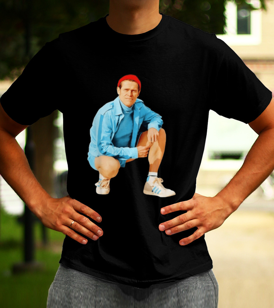 Klaus Willem Dafoe Retro Style With Red Beanie And Blue Tracksuit T-Shirt