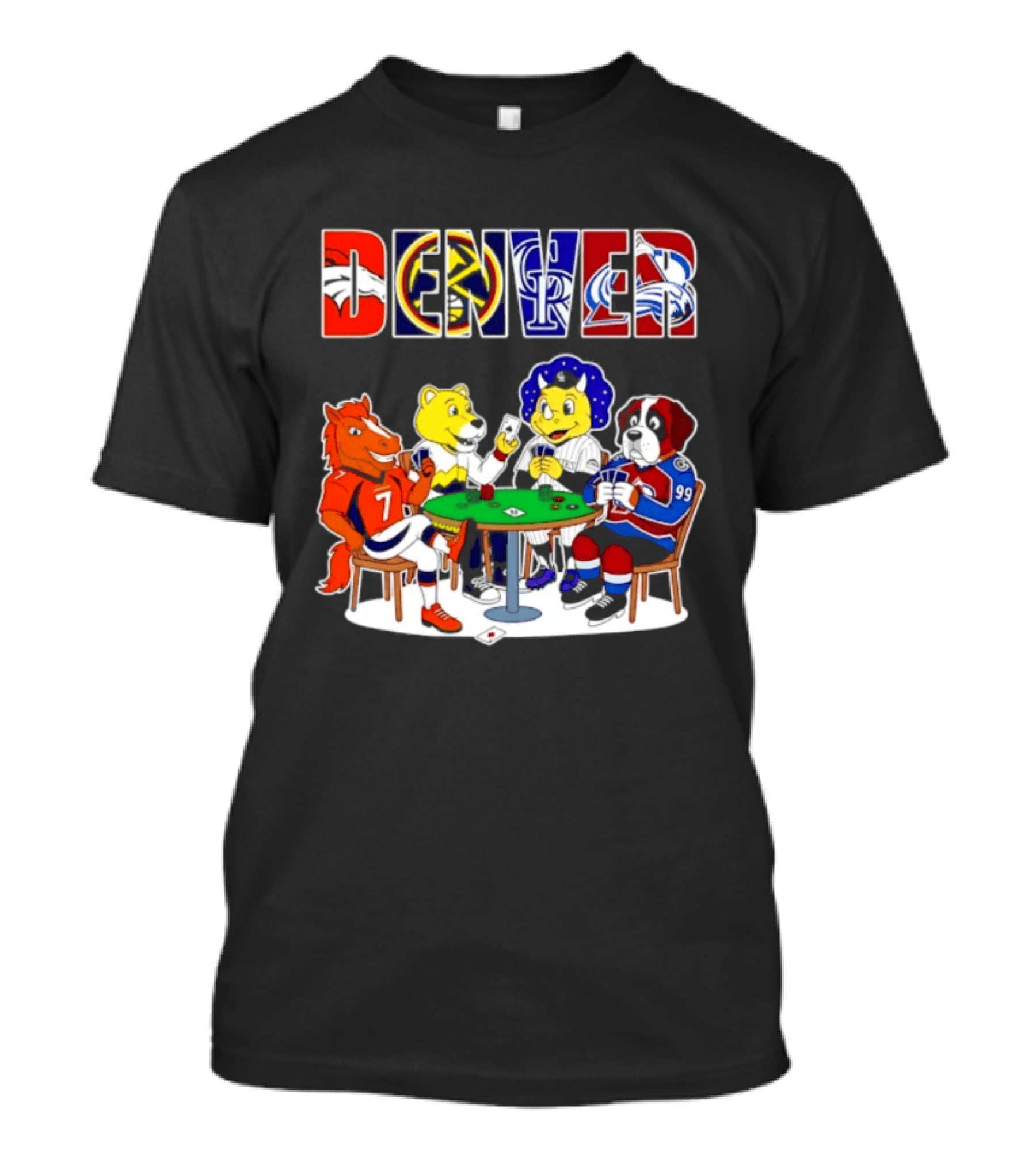 Denver Broncos Nuggets Rockies Avalanche Mascots Playing Poker T-Shirt