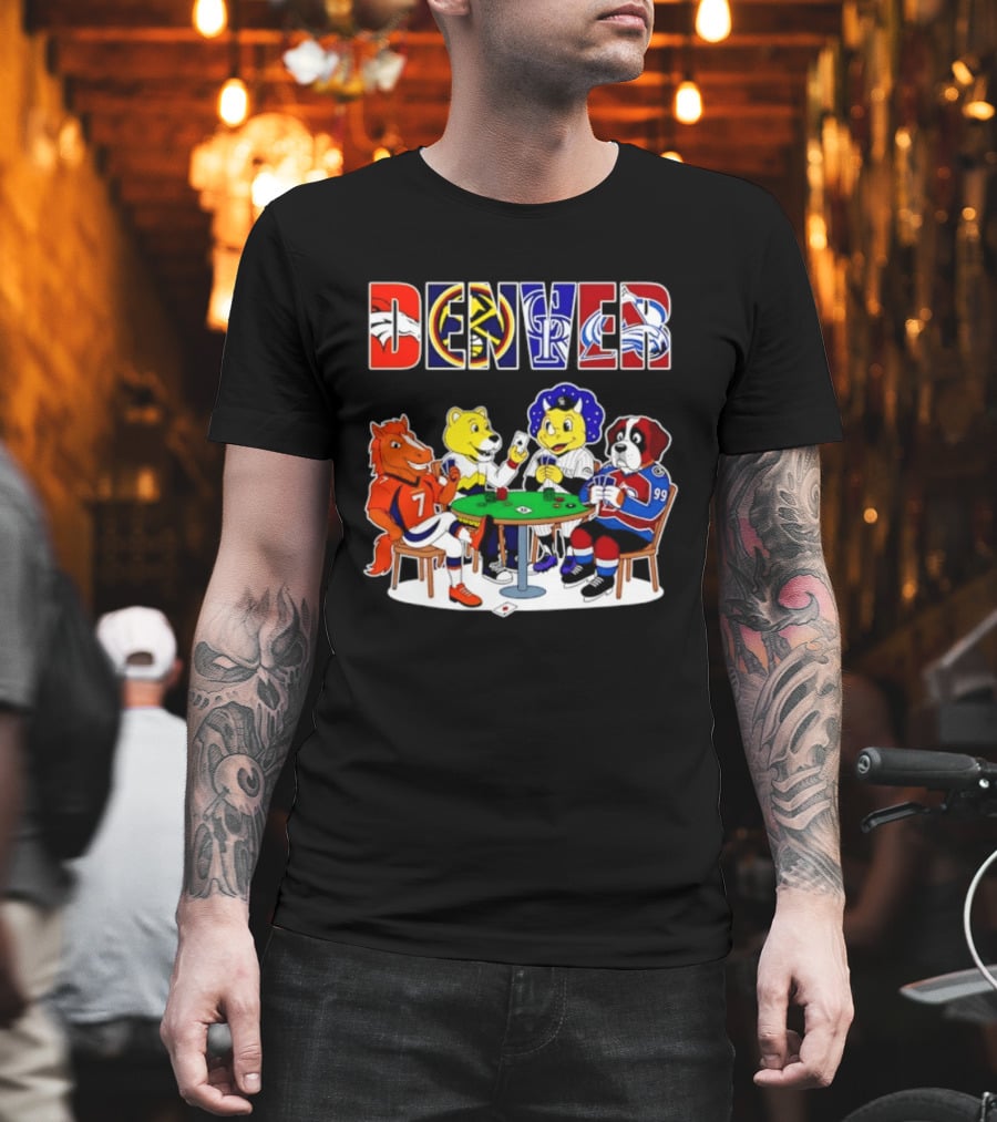 Denver Broncos Nuggets Rockies Avalanche Mascots Playing Poker T-Shirt
