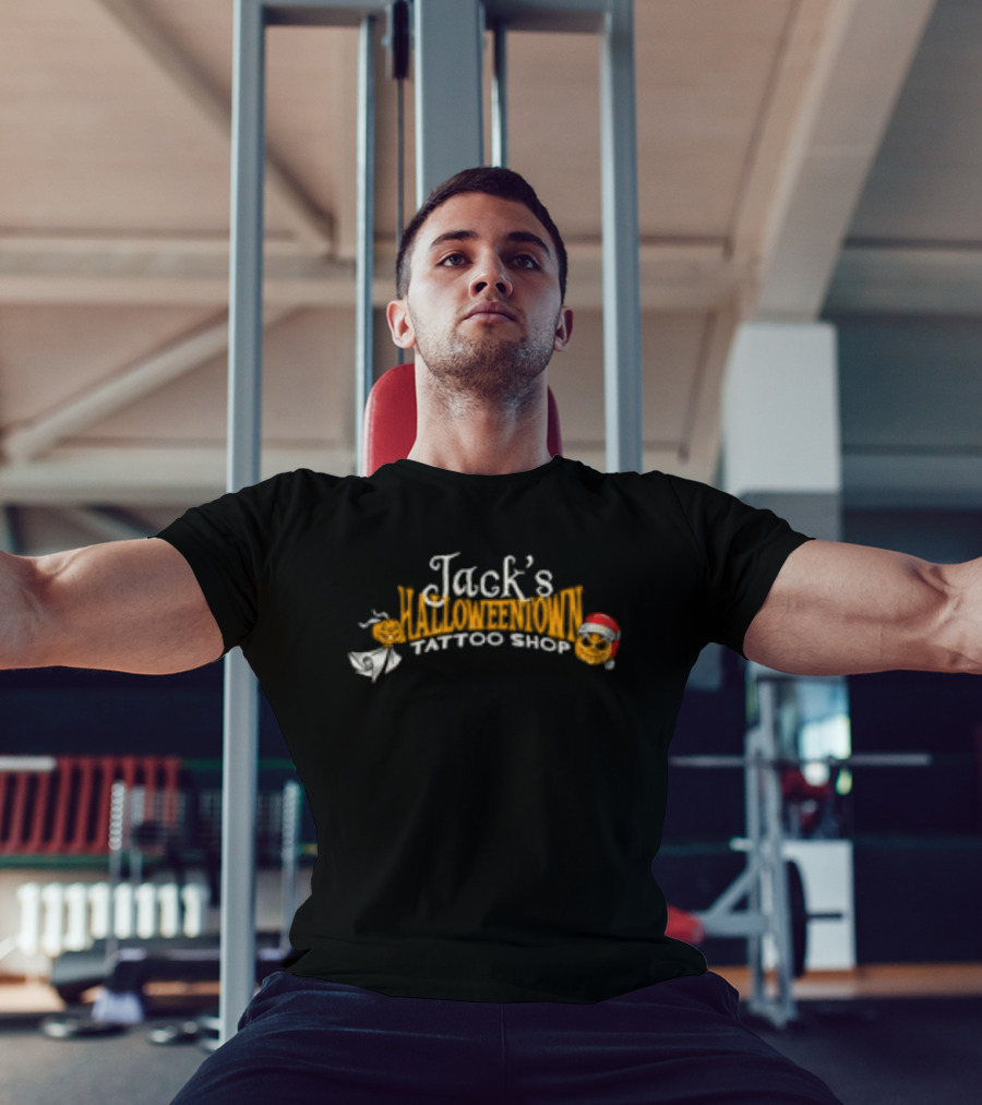 Lostbrostradingco Jack's Halloweentown Tattoo Shop Christmas Santa Hat T-Shirt