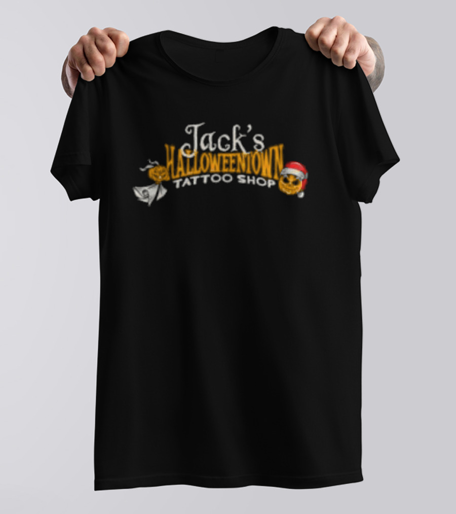 Lostbrostradingco Jack's Halloweentown Tattoo Shop Christmas Santa Hat T-Shirt