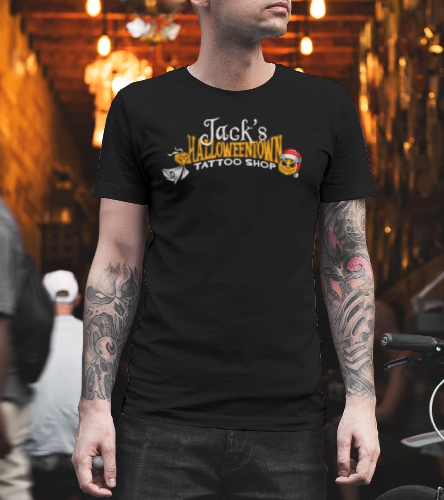Lostbrostradingco Jack's Halloweentown Tattoo Shop Christmas Santa Hat T-Shirt
