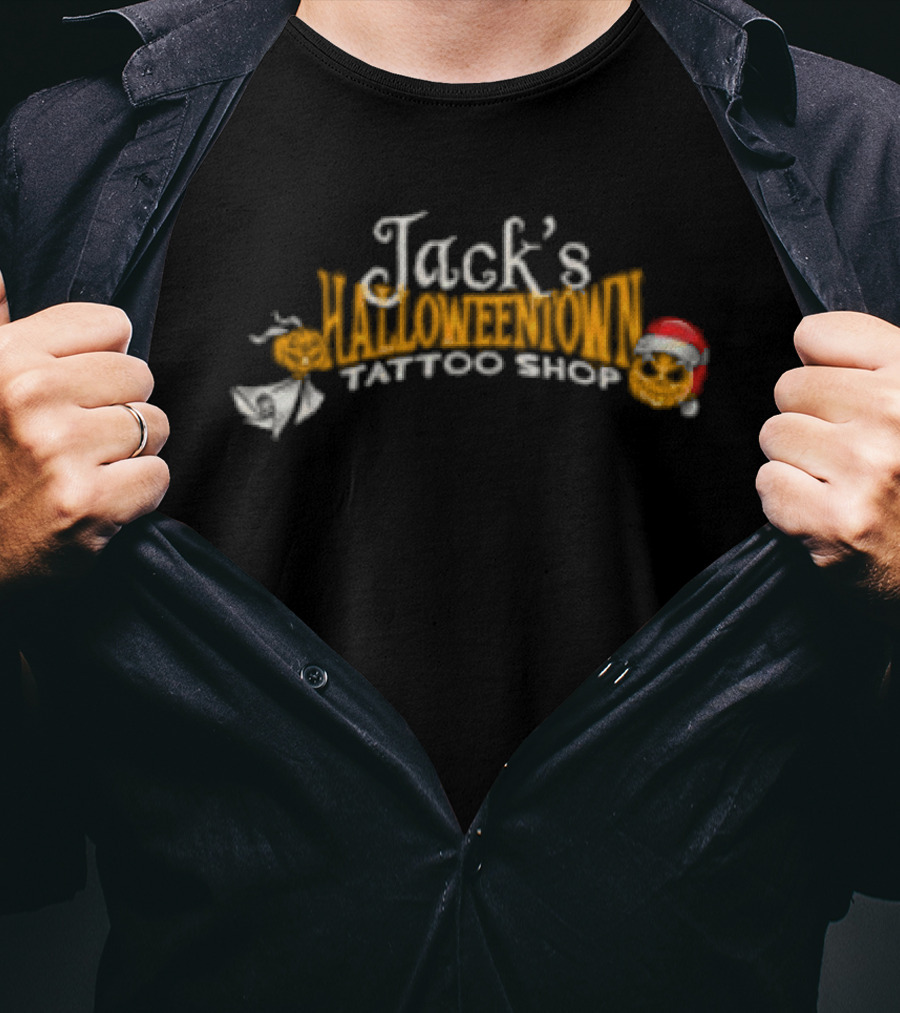 Lostbrostradingco Jack's Halloweentown Tattoo Shop Christmas Santa Hat T-Shirt