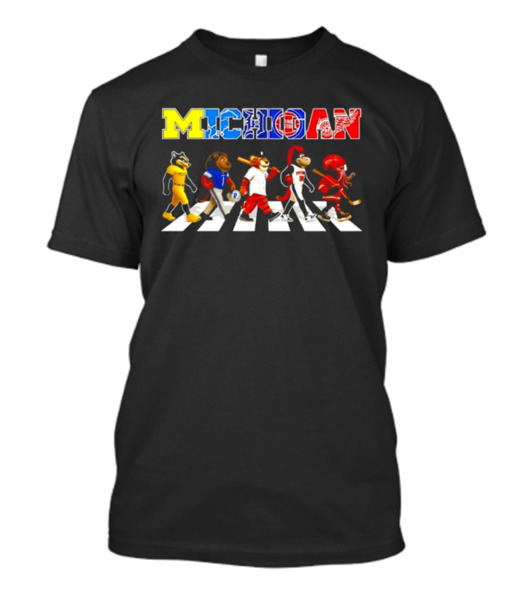 Michigan Sports Mascots Abbey Road Detroit Lions Pistons Tigers Red Wings Wolverine T-Shirt