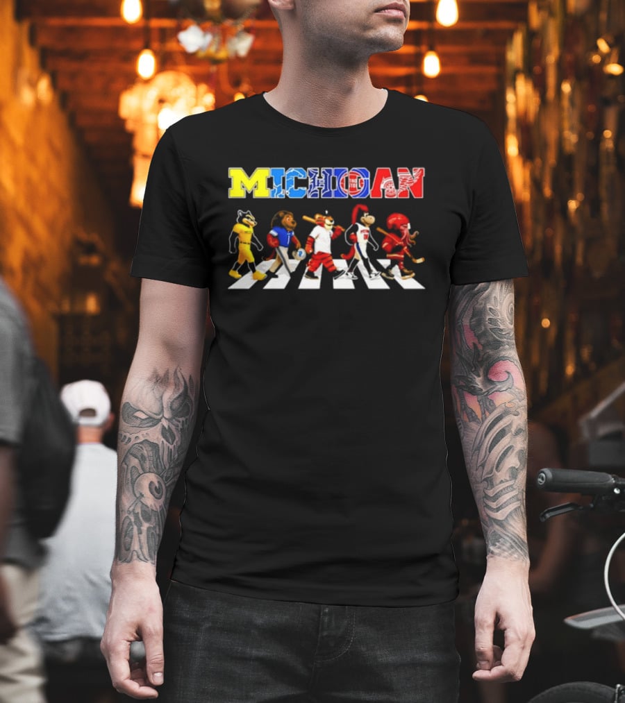 Michigan Sports Mascots Abbey Road Detroit Lions Pistons Tigers Red Wings Wolverine T-Shirt