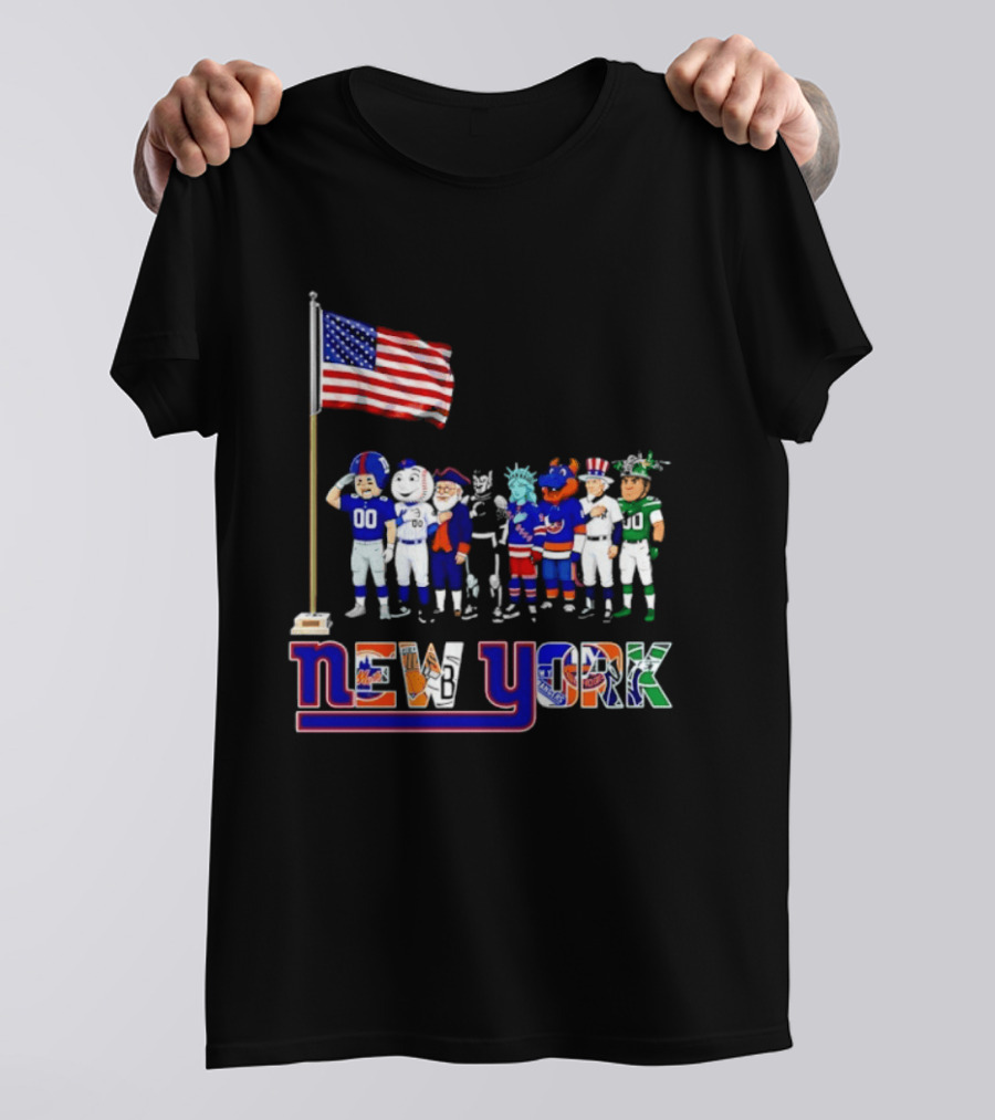 New York Sports Teams Mascots American Flag Giants Yankees Mets Rangers Knicks Jets T-Shirt