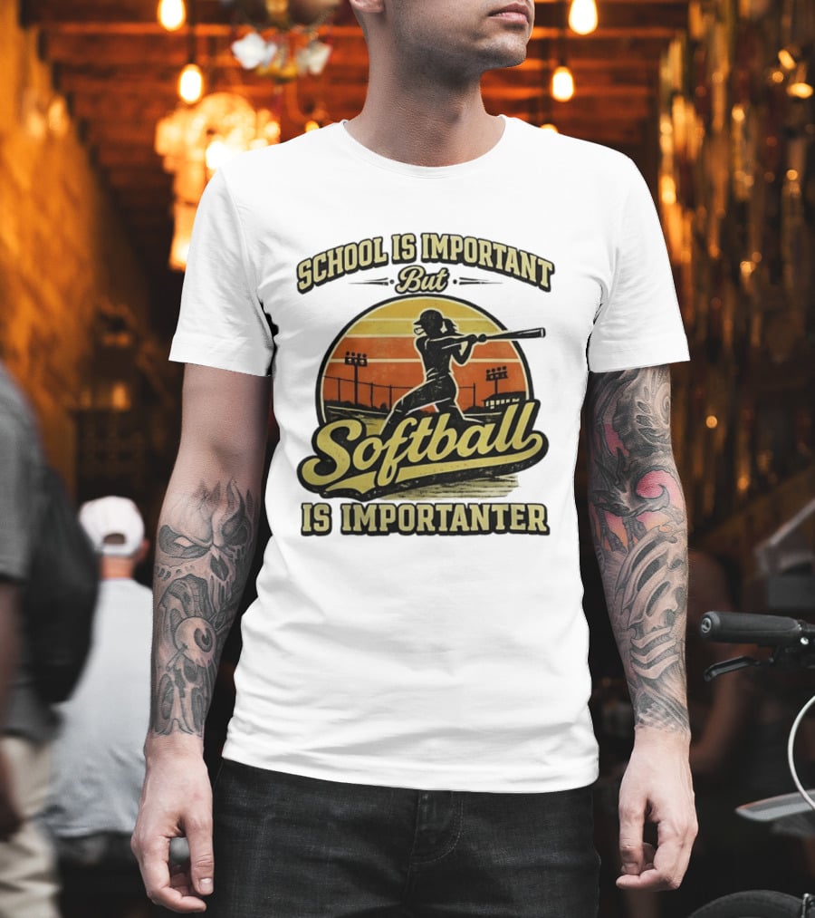 School Is Important But Softball Is Importanter Retro Silhouette Batter T-Shirt