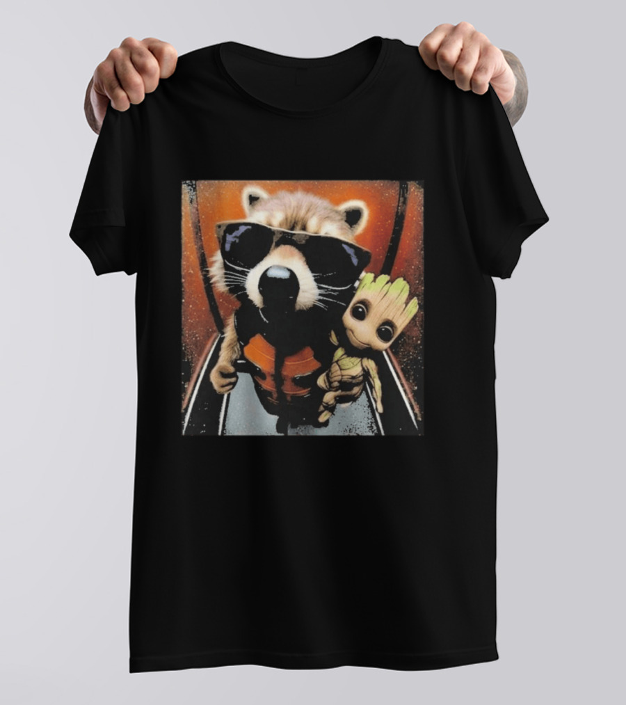 John Bates Raccoon And Baby Tree Alien With Sunglasses And Orange Suit T-Shirt