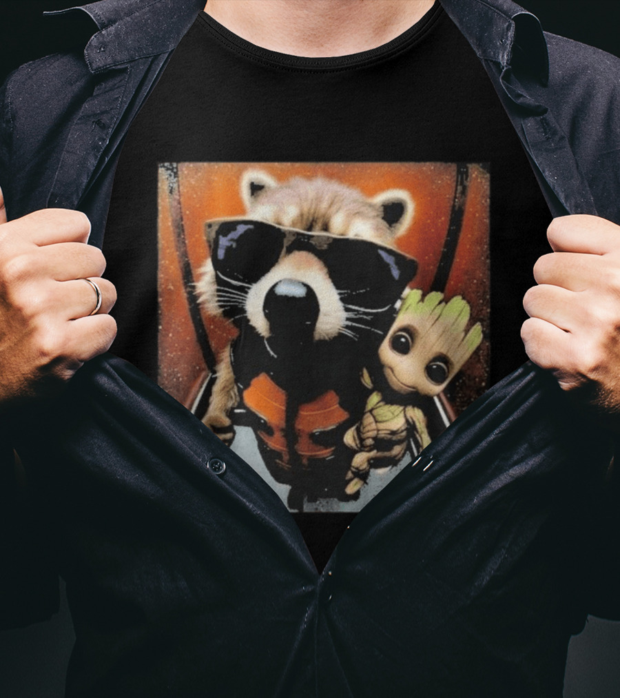 John Bates Raccoon And Baby Tree Alien With Sunglasses And Orange Suit T-Shirt