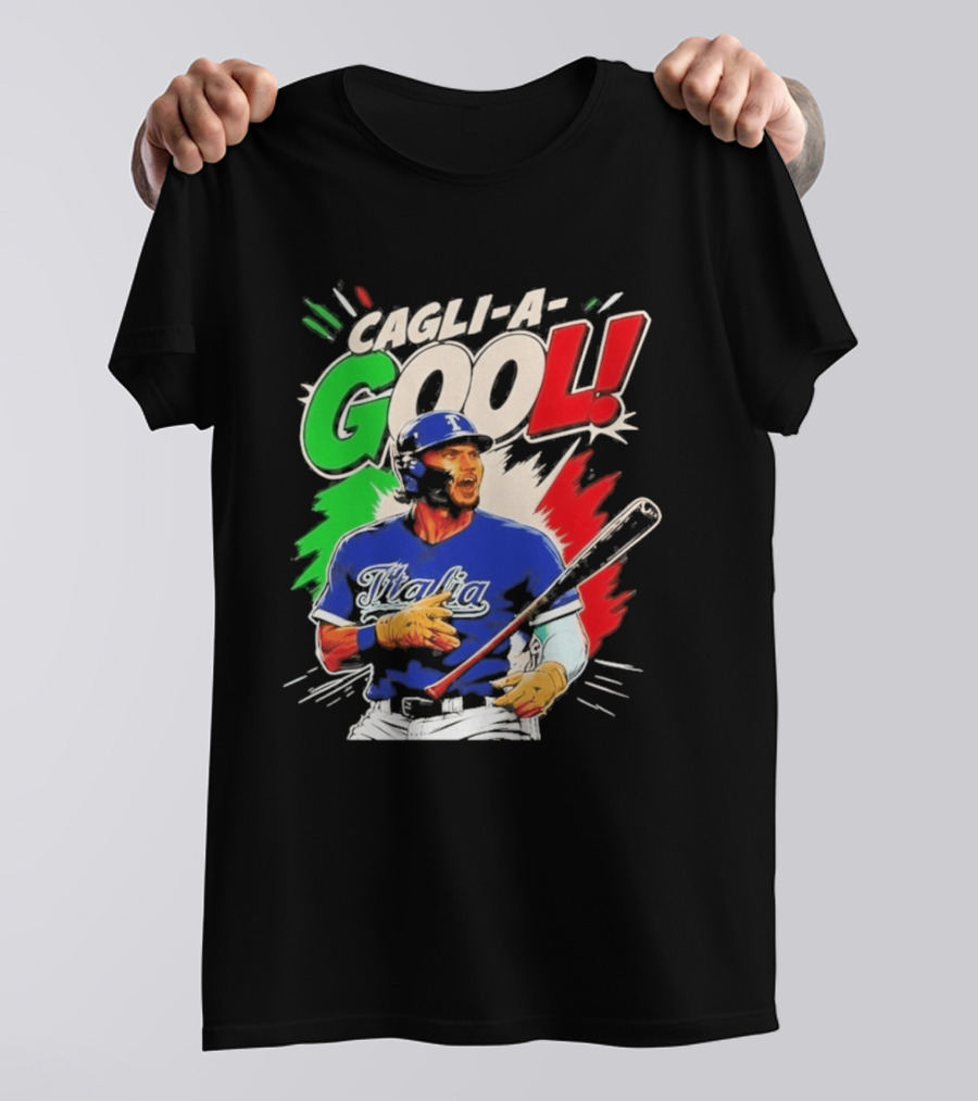 Cagli A Gool Italia Baseball Player Hitter With Italian Flag T-Shirt