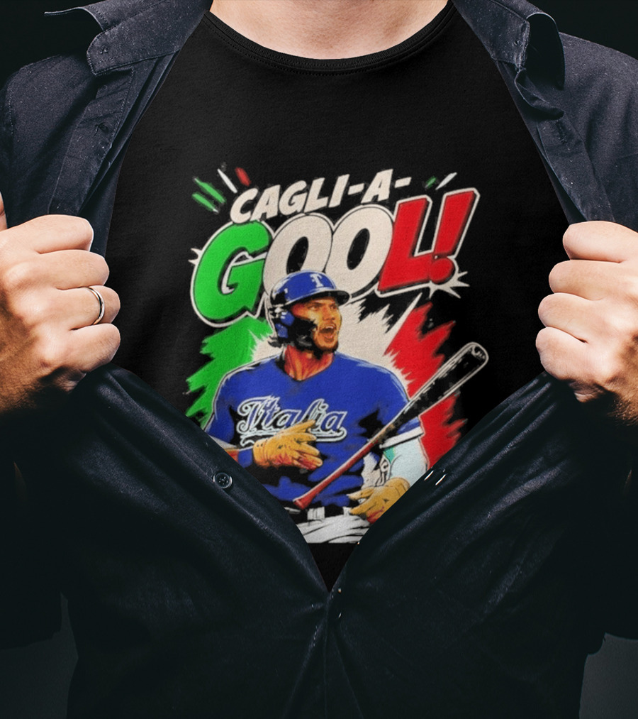 Cagli A Gool Italia Baseball Player Hitter With Italian Flag T-Shirt