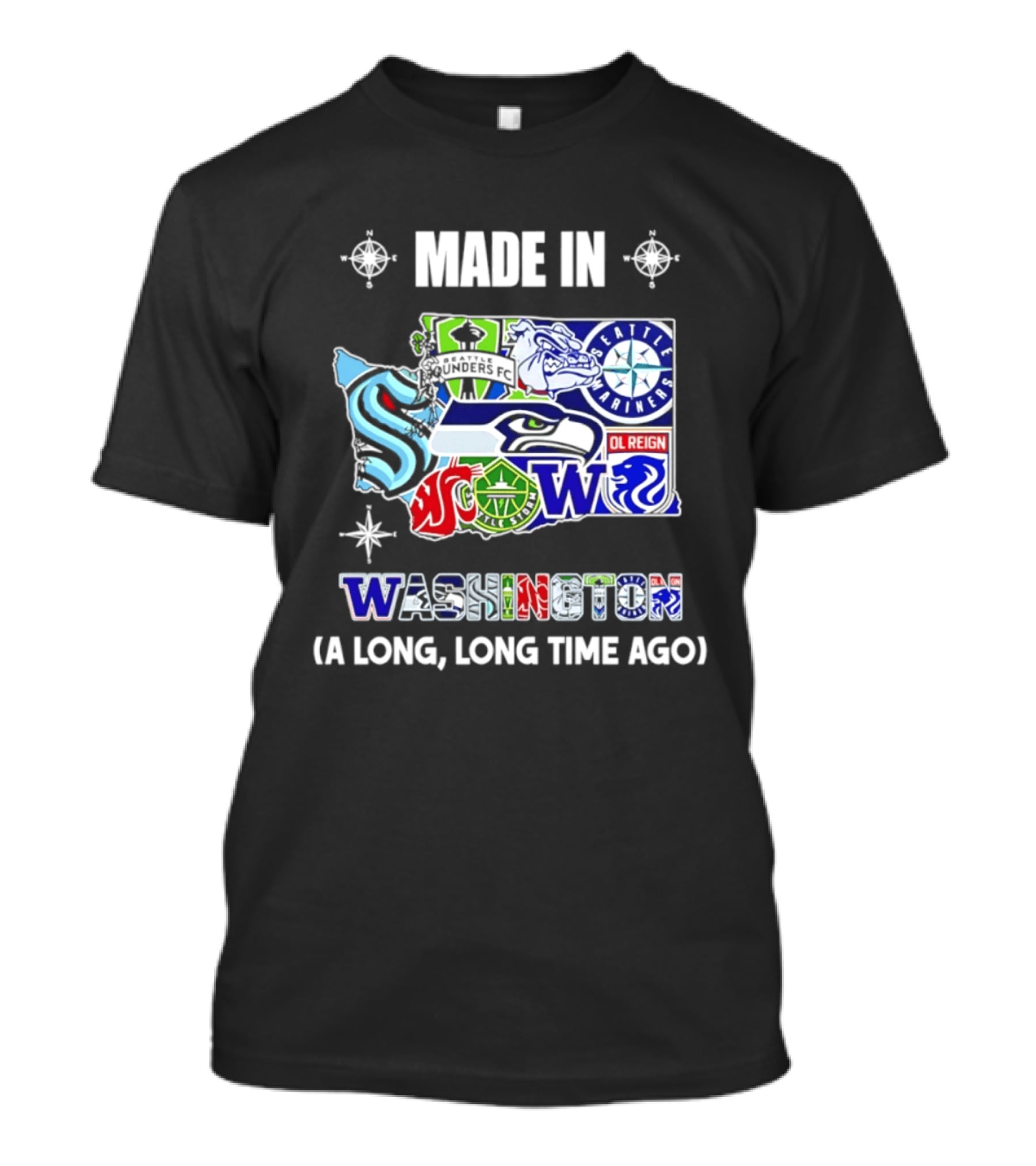 Made In Washington Seattle Mariners Seahawks Kraken Sports Team Map T-Shirt
