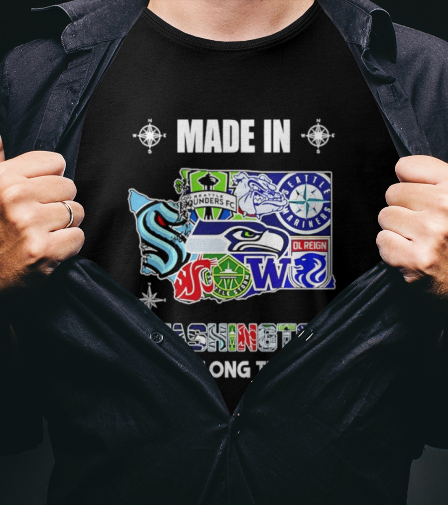Made In Washington Seattle Mariners Seahawks Kraken Sports Team Map T-Shirt