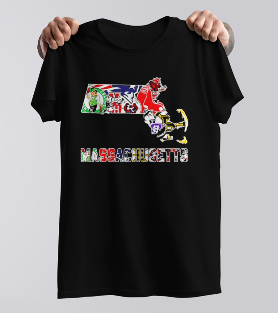 Massachusetts Sports Teams Collage Map Celtics Patriots Red Sox Bruins Revolution T-Shirt