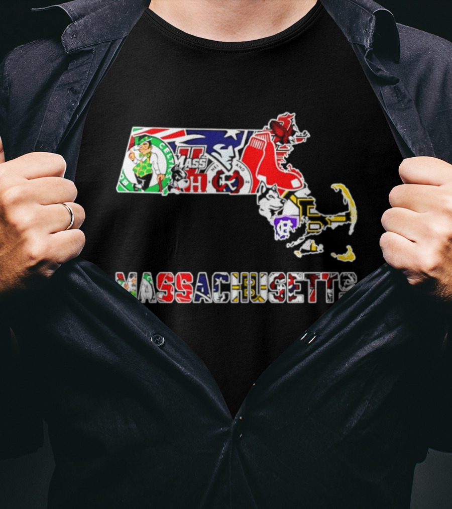 Massachusetts Sports Teams Collage Map Celtics Patriots Red Sox Bruins Revolution T-Shirt