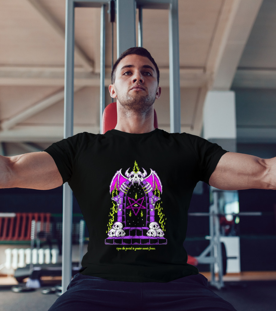 Open The Portal To Greater Cosmic Forces Pentagram Skull With Bat Wings And All Seeing Eye T-Shirt
