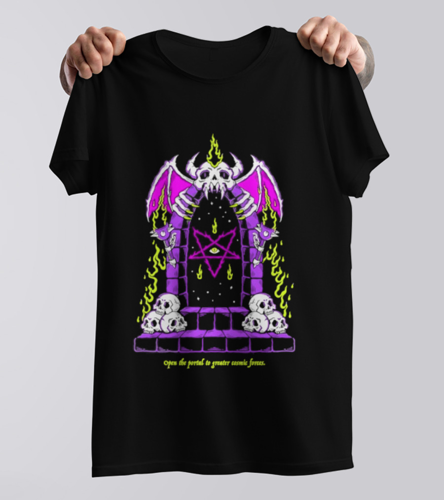 Open The Portal To Greater Cosmic Forces Pentagram Skull With Bat Wings And All Seeing Eye T-Shirt