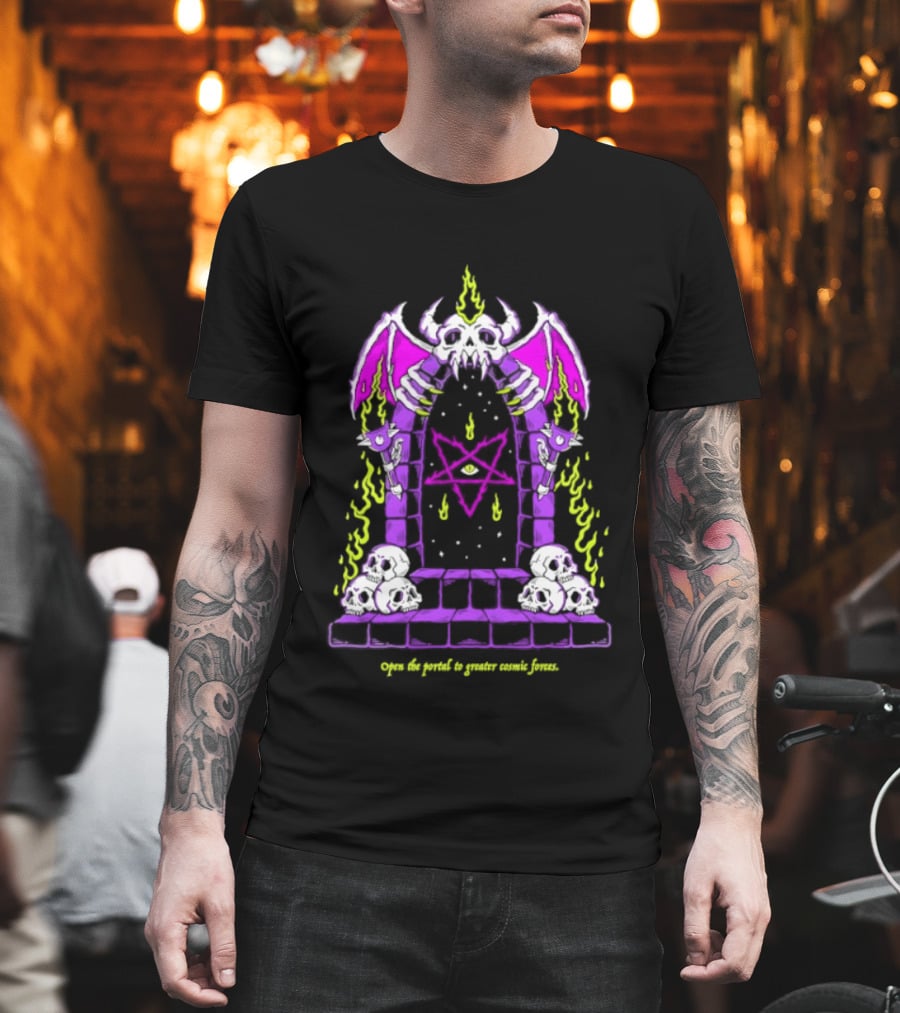 Open The Portal To Greater Cosmic Forces Pentagram Skull With Bat Wings And All Seeing Eye T-Shirt