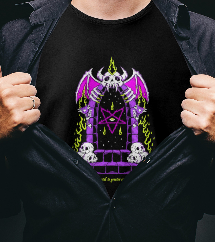 Open The Portal To Greater Cosmic Forces Pentagram Skull With Bat Wings And All Seeing Eye T-Shirt