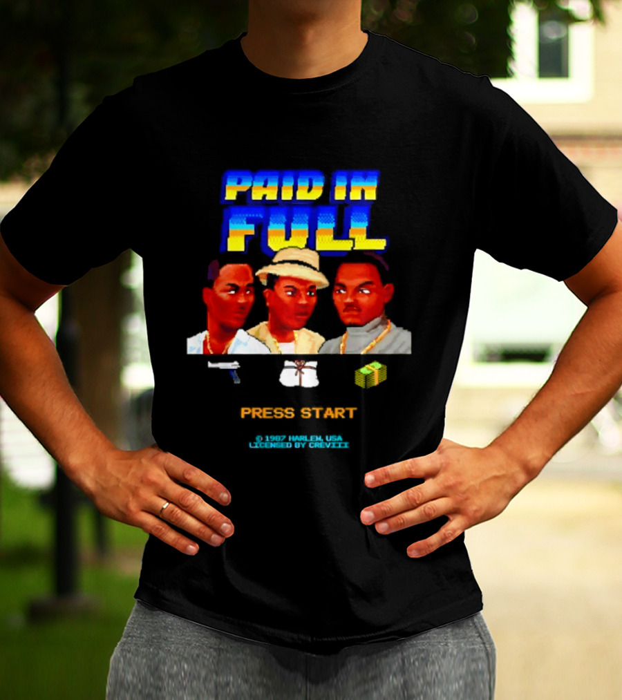 Paid In Full Press Start 1987 Harlem USA Three Figures With Hat Necklace And Gun T-Shirt