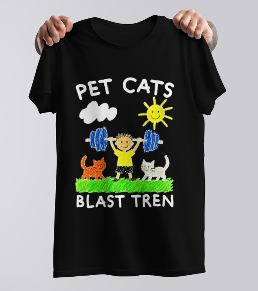 Pet Cats Blast Tren Bodybuilding Gym Child With Weights Sun And Clouds T-Shirt