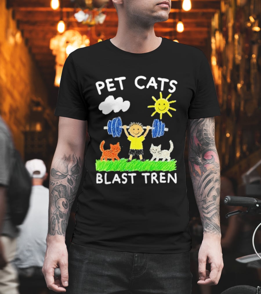 Pet Cats Blast Tren Bodybuilding Gym Child With Weights Sun And Clouds T-Shirt