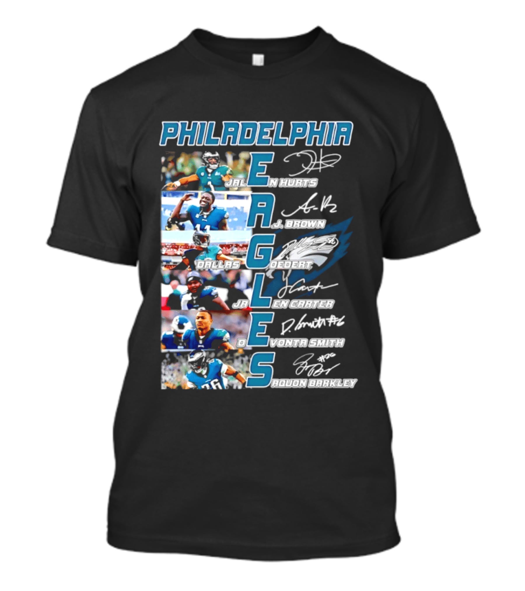 Philadelphia Eagles Jalen Hurts AJ Brown Dallas Goedert Jalen Carter DeVonta Smith Saquon Barkley Signatures Team T-Shirt