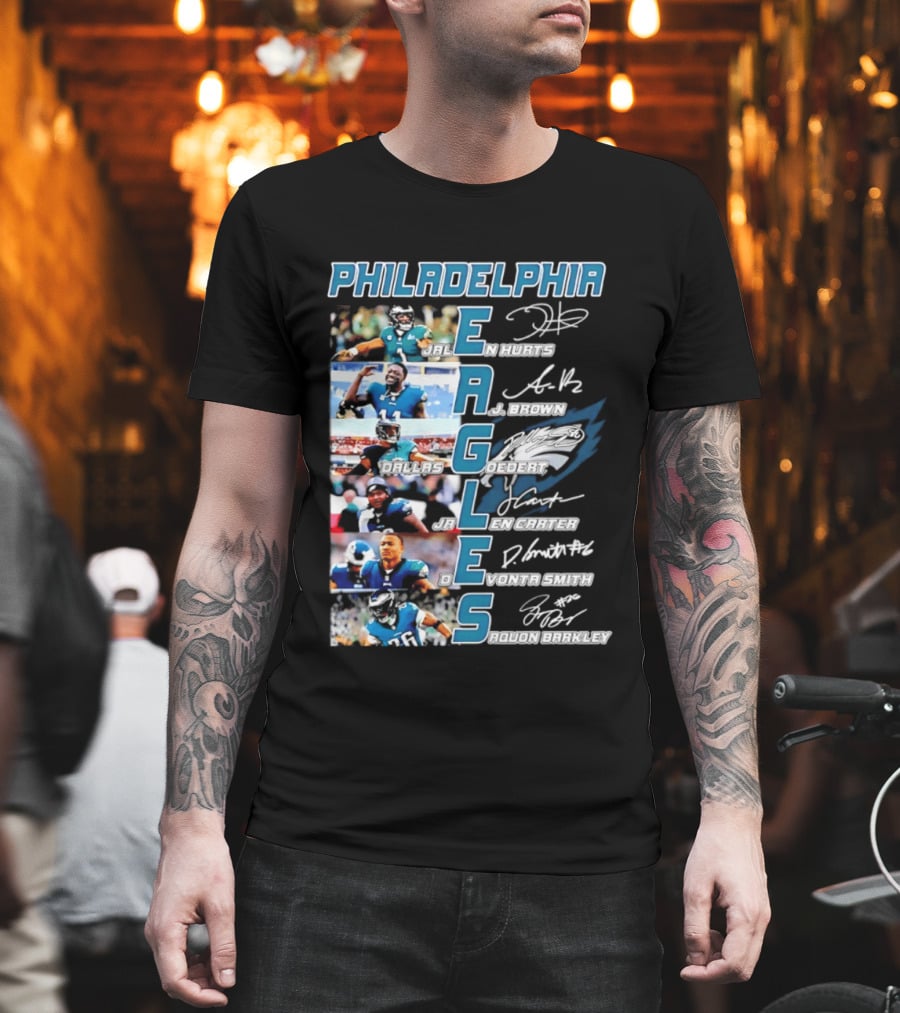Philadelphia Eagles Jalen Hurts AJ Brown Dallas Goedert Jalen Carter DeVonta Smith Saquon Barkley Signatures Team T-Shirt