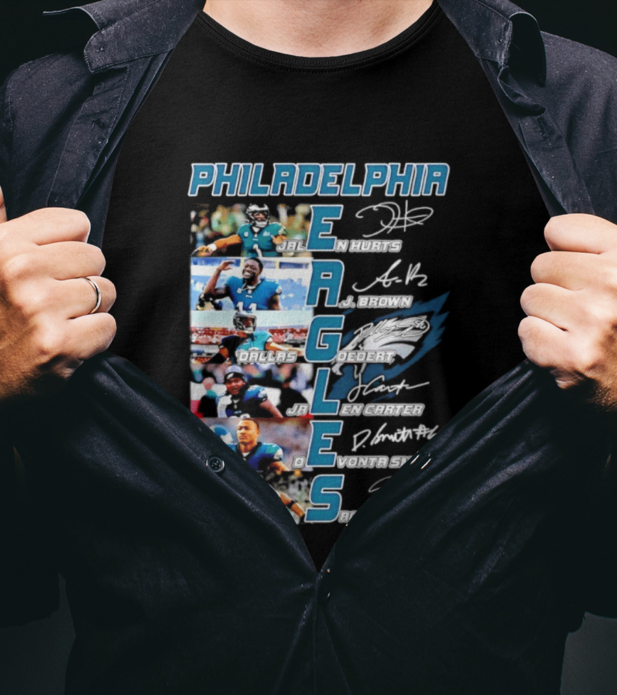 Philadelphia Eagles Jalen Hurts AJ Brown Dallas Goedert Jalen Carter DeVonta Smith Saquon Barkley Signatures Team T-Shirt