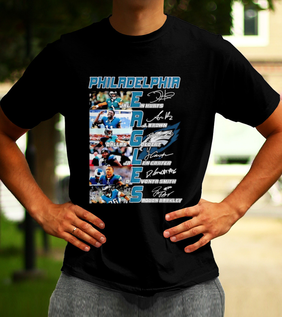 Philadelphia Eagles Jalen Hurts AJ Brown Dallas Goedert Jalen Carter DeVonta Smith Saquon Barkley Signatures Team T-Shirt
