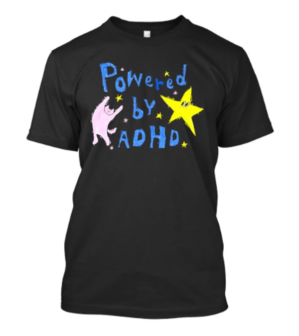 Powered By ADHD Neurodivergent Star And Cat With Yellow Stars T-Shirt