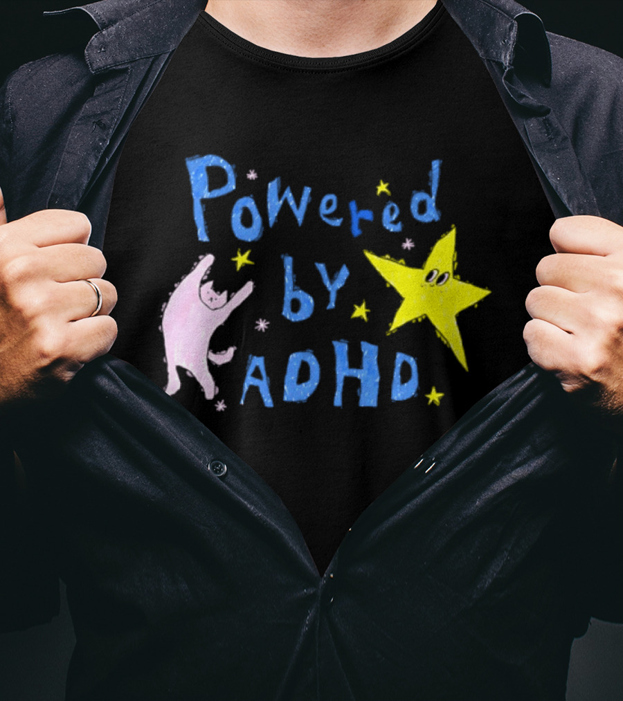 Powered By ADHD Neurodivergent Star And Cat With Yellow Stars T-Shirt